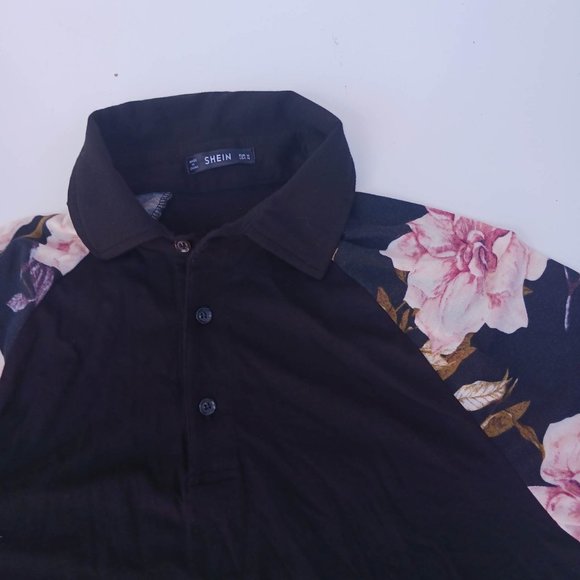 Shein Men's Size M Black Rose Short Sleeve Polo Shirt - Picture 3 of 8